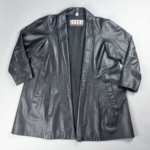Black Leather Jacket, Vintage 90's Women's Open Blazer Style Leather Trench Coat